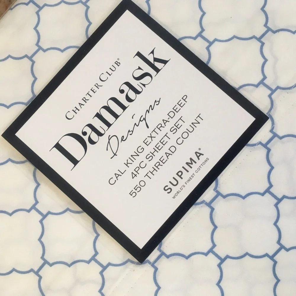 new ARABESQUE Charter Club 550 TC Cotton CAL KING X-Deep Sheet Set BLUE on WHITE